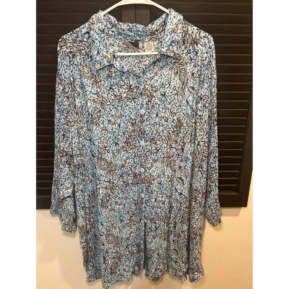 Maggie Barnes Women 3X Blue Paisley Floral Rayon Button Up Long Sleeve Blouse